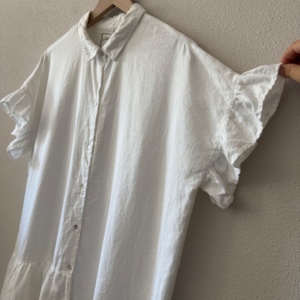 MEDITERRANEA Women Linen Shirt Dress Coastal Lagenlook Boho Ruffle Hem Large - Picture 4 of 8